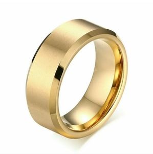 Gold Stainless Steel Beveled Edge 8mm Band Brushed Matte Satin Lightweight Ring